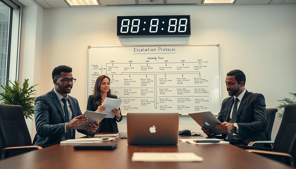 A professional office setting illustrating the escalation protocol for sportsbook withdrawals during weekends and holidays. In the foreground, show a diverse group of three professionals in business attire, each engaged in discussion with laptops open and documents in hand, conveying urgency and teamwork. The middle ground reveals a detailed flowchart on a whiteboard titled “Escalation Protocol,” showcasing timelines and documentation steps. In the background, a large digital clock displays weekend hours, creating a sense of time pressure. Use warm, soft lighting to create a focused atmosphere, while capturing the hustle of a busy office. The angle should be slightly low to emphasize the professionals hard at work, highlighting collaboration and efficient problem-solving. Avoid any text or logos in the image. A professional office setting illustrating the escalation protocol for sportsbook withdrawals during weekends and holidays. In the foreground, show a diverse group of three professionals in business attire, each engaged in discussion with laptops open and documents in hand, conveying urgency and teamwork. The middle ground reveals a detailed flowchart on a whiteboard titled “Escalation Protocol,” showcasing timelines and documentation steps. In the background, a large digital clock displays weekend hours, creating a sense of time pressure. Use warm, soft lighting to create a focused atmosphere, while capturing the hustle of a busy office. The angle should be slightly low to emphasize the professionals hard at work, highlighting collaboration and efficient problem-solving. Avoid any text or logos in the image.