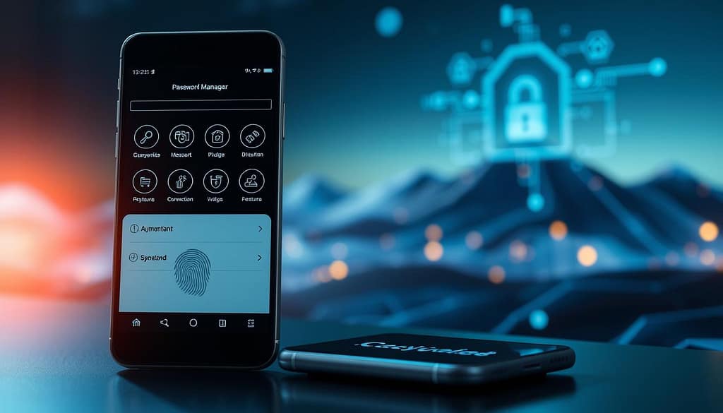A sleek, high-tech password manager interface displayed prominently in the foreground, showcasing various intricate icons representing strong authentication and 2FA features. In the middle ground, a modern smartphone features a fingerprint scanner and a dynamic two-factor authentication code generated in real-time. The background features a digital landscape with abstract representations of secure connections and layers of encryption, subtly illuminated by a soft blue and green glow to evoke a sense of safety and security. The overall mood is professional and tech-savvy, reflecting the importance of cybersecurity. The lighting is focused, with a shallow depth of field to highlight the foreground elements, creating a polished and sophisticated atmosphere. A sleek, high-tech password manager interface displayed prominently in the foreground, showcasing various intricate icons representing strong authentication and 2FA features. In the middle ground, a modern smartphone features a fingerprint scanner and a dynamic two-factor authentication code generated in real-time. The background features a digital landscape with abstract representations of secure connections and layers of encryption, subtly illuminated by a soft blue and green glow to evoke a sense of safety and security. The overall mood is professional and tech-savvy, reflecting the importance of cybersecurity. The lighting is focused, with a shallow depth of field to highlight the foreground elements, creating a polished and sophisticated atmosphere.