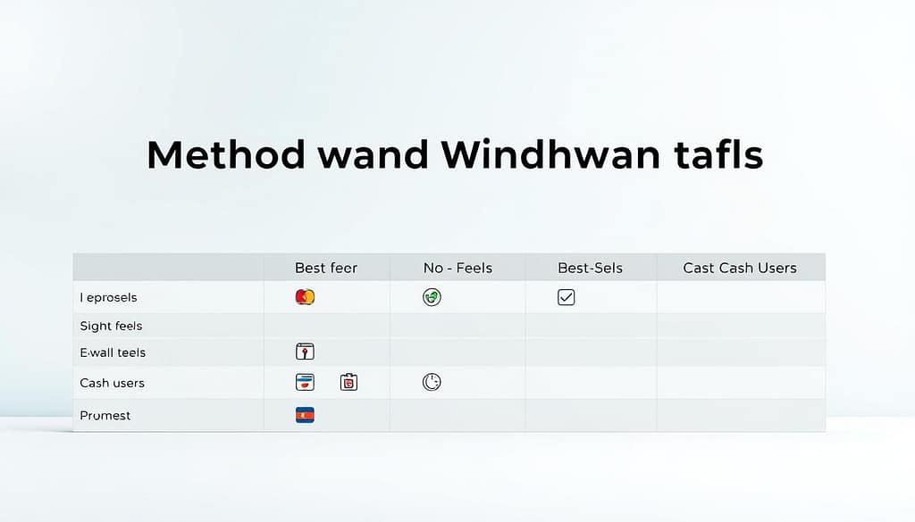 A sophisticated and visually engaging method comparison table, designed to showcase deposit and withdrawal methods. In the foreground, a sleek, well-structured table, divided into three clear sections: "Best for Speed," "Best for No Fees," and "Best for Cash Users." Each section should have distinct icons representing different payment methods like credit cards, e-wallets, and cash. In the middle ground, a soft gradient background that transitions from light blue to white, creating a clean and professional look. The lighting is bright and even, evoking clarity and focus. The overall mood should be informative and straightforward, ideal for readers seeking quick, comparative insights without any distractions from text or visuals. A sophisticated and visually engaging method comparison table, designed to showcase deposit and withdrawal methods. In the foreground, a sleek, well-structured table, divided into three clear sections: "Best for Speed," "Best for No Fees," and "Best for Cash Users." Each section should have distinct icons representing different payment methods like credit cards, e-wallets, and cash. In the middle ground, a soft gradient background that transitions from light blue to white, creating a clean and professional look. The lighting is bright and even, evoking clarity and focus. The overall mood should be informative and straightforward, ideal for readers seeking quick, comparative insights without any distractions from text or visuals.
