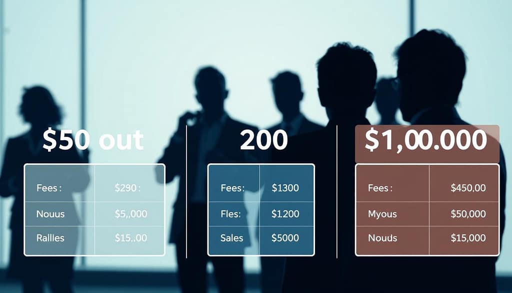 A visually engaging and informative comparison chart illustrating cash-out examples of $50, $200, and $1,000 transactions in a sleek, modern design. In the foreground, clearly defined boxes display the amounts, corresponding fees, and net received amounts side by side, using contrasting colors for clarity. In the middle ground, a subtle gradient background enhances the professionalism, with soft lighting that casts gentle shadows creating depth. Each box is labeled with icons representing money, subtly conveying financial themes. In the background, faint outlines of people in professional business attire watching a digital interface or smartphone, depicted in a focused yet relaxed manner, complementing the financial theme. The mood is analytical yet approachable, emphasizing transparency in financial transactions without any text or branding. A visually engaging and informative comparison chart illustrating cash-out examples of $50, $200, and $1,000 transactions in a sleek, modern design. In the foreground, clearly defined boxes display the amounts, corresponding fees, and net received amounts side by side, using contrasting colors for clarity. In the middle ground, a subtle gradient background enhances the professionalism, with soft lighting that casts gentle shadows creating depth. Each box is labeled with icons representing money, subtly conveying financial themes. In the background, faint outlines of people in professional business attire watching a digital interface or smartphone, depicted in a focused yet relaxed manner, complementing the financial theme. The mood is analytical yet approachable, emphasizing transparency in financial transactions without any text or branding.