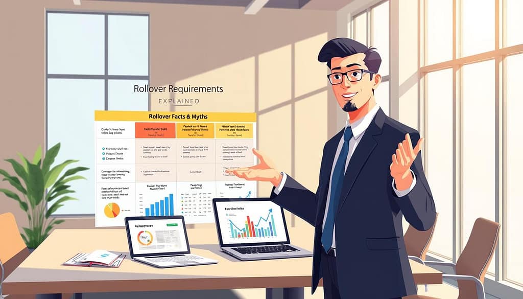 A visually engaging illustration depicting "rollover requirements explained." In the foreground, a professional businessperson in smart attire gestures towards a large, clear chart showing rollover facts and myths with vibrant colors. In the middle ground, a sleek desk with financial documents and a laptop displaying graphs representing deposits and withdrawals. The background features a well-lit office with large windows allowing natural light to stream in, enhancing the atmosphere of clarity and professionalism. A warm color palette evoking a sense of trust and transparency permeates the scene, with soft shadows adding depth. The perspective is slightly angled to create an inviting feeling, drawing the viewer into this informative space. A visually engaging illustration depicting "rollover requirements explained." In the foreground, a professional businessperson in smart attire gestures towards a large, clear chart showing rollover facts and myths with vibrant colors. In the middle ground, a sleek desk with financial documents and a laptop displaying graphs representing deposits and withdrawals. The background features a well-lit office with large windows allowing natural light to stream in, enhancing the atmosphere of clarity and professionalism. A warm color palette evoking a sense of trust and transparency permeates the scene, with soft shadows adding depth. The perspective is slightly angled to create an inviting feeling, drawing the viewer into this informative space.