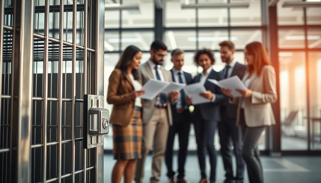 A visually engaging scene illustrating "state tax withholding and cash cage availability". In the foreground, depict a sleek cash cage with metallic bars and a secure locking mechanism, representing financial security. In the middle, include a diverse group of professional individuals in business attire, discussing various state tax documentation, with charts and graphs in their hands. The background should feature a modern office space, with large windows allowing natural light to illuminate the scene, enhancing clarity and professionalism. Use a shallow depth of field to keep the focus on the cash cage and the professionals, with a soft blur on the background. The atmosphere should be dynamic and collaborative, suggesting an important discussion about financial implications across states. A visually engaging scene illustrating "state tax withholding and cash cage availability". In the foreground, depict a sleek cash cage with metallic bars and a secure locking mechanism, representing financial security. In the middle, include a diverse group of professional individuals in business attire, discussing various state tax documentation, with charts and graphs in their hands. The background should feature a modern office space, with large windows allowing natural light to illuminate the scene, enhancing clarity and professionalism. Use a shallow depth of field to keep the focus on the cash cage and the professionals, with a soft blur on the background. The atmosphere should be dynamic and collaborative, suggesting an important discussion about financial implications across states.