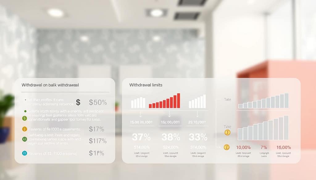 An infographic illustrating bank withdrawal fees and limits, featuring a clean, modern design. In the foreground, include a detailed breakdown of different fee structures (e.g., low, medium, high) with vibrant icons symbolizing dollars and percentages. The middle section should present various withdrawal limits with illustrative graphs or charts that are easy to understand. In the background, subtle patterns of bank-related imagery—such as currency notes and coins—should blend in without overwhelming the main content. The lighting should be bright and professional, simulating a well-lit office space, and the overall mood should convey reliability and clarity. Use a slight bird's-eye angle to give a comprehensive view of the infographic layout, ensuring it remains visually balanced and engaging for readers. An infographic illustrating bank withdrawal fees and limits, featuring a clean, modern design. In the foreground, include a detailed breakdown of different fee structures (e.g., low, medium, high) with vibrant icons symbolizing dollars and percentages. The middle section should present various withdrawal limits with illustrative graphs or charts that are easy to understand. In the background, subtle patterns of bank-related imagery—such as currency notes and coins—should blend in without overwhelming the main content. The lighting should be bright and professional, simulating a well-lit office space, and the overall mood should convey reliability and clarity. Use a slight bird's-eye angle to give a comprehensive view of the infographic layout, ensuring it remains visually balanced and engaging for readers.