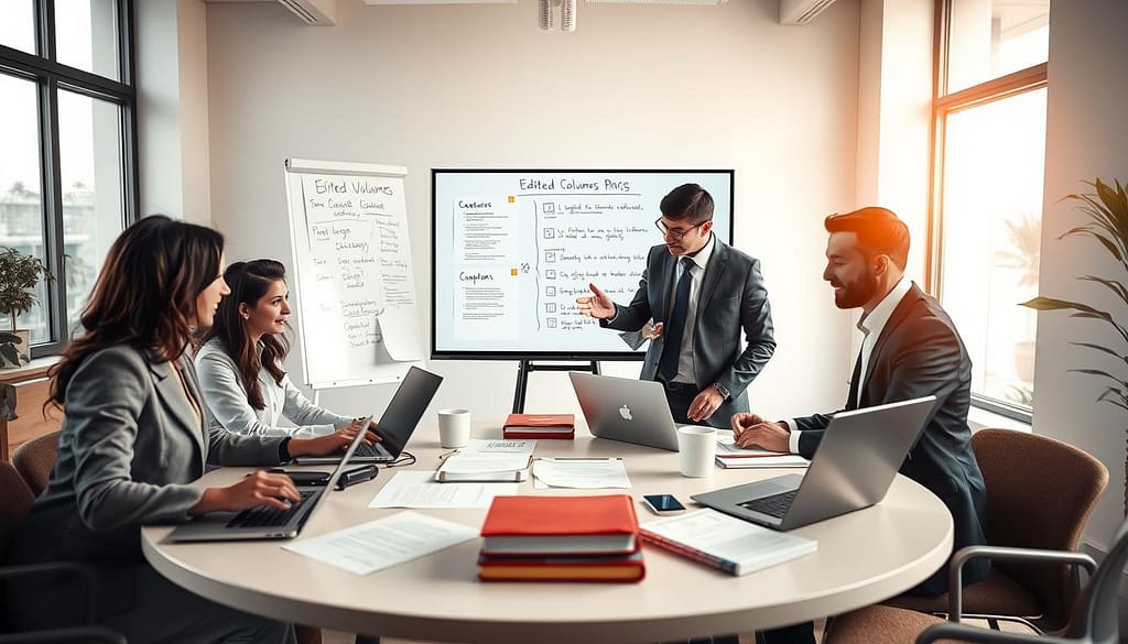 A collaborative workspace set in a modern office, showcasing a diverse group of professionals engaged in a productive discussion about an edited volumes prospectus. In the foreground, a round table is filled with open laptops, stacks of papers, and coffee cups, with two individuals—one male and one female—both dressed in professional business attire, actively brainstorming. In the middle, a whiteboard displays sketches and notes about collaboration strategies, while a large digital screen shows a sample chapter outline. The background features large windows allowing natural light to pour in, creating a bright and inviting atmosphere. The mood is one of creativity and teamwork, captured with soft-focus on the background and sharp detail on the individuals in the foreground, conveying a sense of collaboration and focused energy. A collaborative workspace set in a modern office, showcasing a diverse group of professionals engaged in a productive discussion about an edited volumes prospectus. In the foreground, a round table is filled with open laptops, stacks of papers, and coffee cups, with two individuals—one male and one female—both dressed in professional business attire, actively brainstorming. In the middle, a whiteboard displays sketches and notes about collaboration strategies, while a large digital screen shows a sample chapter outline. The background features large windows allowing natural light to pour in, creating a bright and inviting atmosphere. The mood is one of creativity and teamwork, captured with soft-focus on the background and sharp detail on the individuals in the foreground, conveying a sense of collaboration and focused energy.