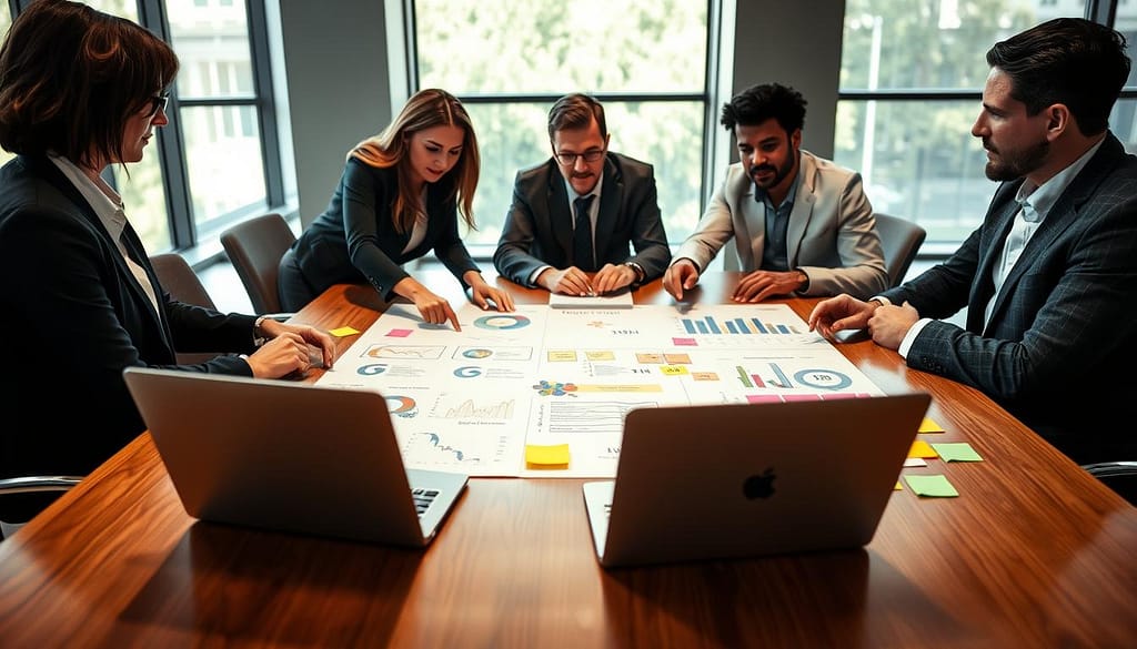 A detailed, organized impact capture plan on a sleek conference table, with charts, graphs, and colorful post-it notes showcasing strategies for measuring the impact of interdisciplinary books. In the foreground, a diverse group of four professionals in business attire—two women and two men—are engaged in a discussion, pointing at the charts. The middle ground features an open laptop displaying data analytics. The background shows a bright office environment with large windows allowing natural light to flood in, casting soft shadows. The mood is collaborative and focused, emphasizing innovation and strategy in academia. The camera angle is a slightly elevated view, capturing both the table and the engaged participants effectively, creating an atmosphere of professionalism and teamwork. A detailed, organized impact capture plan on a sleek conference table, with charts, graphs, and colorful post-it notes showcasing strategies for measuring the impact of interdisciplinary books. In the foreground, a diverse group of four professionals in business attire—two women and two men—are engaged in a discussion, pointing at the charts. The middle ground features an open laptop displaying data analytics. The background shows a bright office environment with large windows allowing natural light to flood in, casting soft shadows. The mood is collaborative and focused, emphasizing innovation and strategy in academia. The camera angle is a slightly elevated view, capturing both the table and the engaged participants effectively, creating an atmosphere of professionalism and teamwork.