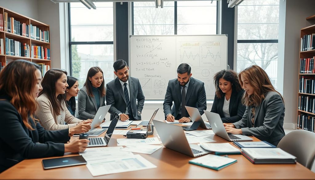 A harmonious blend of physics and data science portrayed in a university research setting. In the foreground, a diverse group of scholars, dressed in professional business attire, collaborates around a table filled with laptops, charts, and scientific papers, showcasing their interdisciplinary work. In the middle ground, a large whiteboard displays complex equations and data visualizations, illustrating the integration of STEM and humanities. The background features bookshelves filled with academic texts, and large windows letting in soft, natural light that creates a warm, inviting atmosphere. The image captures a sense of innovation and collaboration, with a focus on teamwork and intellectual discovery, taken with a slightly elevated angle for an engaging perspective. A harmonious blend of physics and data science portrayed in a university research setting. In the foreground, a diverse group of scholars, dressed in professional business attire, collaborates around a table filled with laptops, charts, and scientific papers, showcasing their interdisciplinary work. In the middle ground, a large whiteboard displays complex equations and data visualizations, illustrating the integration of STEM and humanities. The background features bookshelves filled with academic texts, and large windows letting in soft, natural light that creates a warm, inviting atmosphere. The image captures a sense of innovation and collaboration, with a focus on teamwork and intellectual discovery, taken with a slightly elevated angle for an engaging perspective.