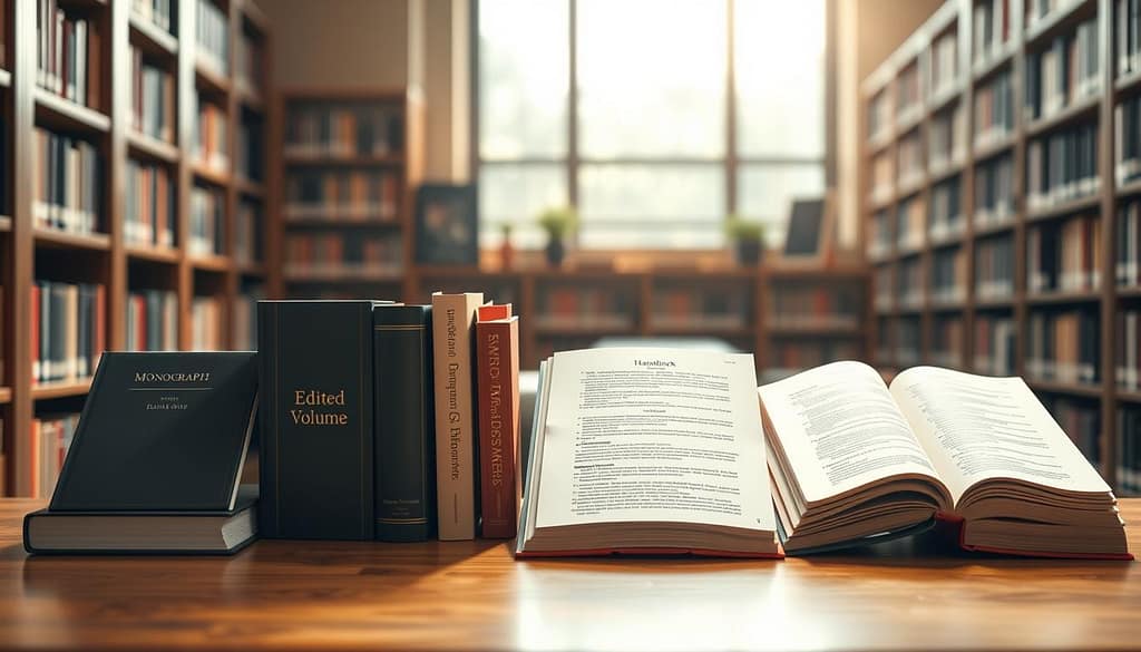 A neatly arranged collection of academic books in different formats displayed on a polished wooden desk. In the foreground, focus on a monograph with a sleek cover, an edited volume with visible editor names, and a detailed handbook showcasing a table of contents. The middle of the image reveals an open hybrid book, blending monograph and edited volume styles. In the background, a soft-focus library setting, filled with bookshelves lined with scholarly texts, reflects a warm, inviting atmosphere. Natural light streams in through a large window, creating soft highlights and gentle shadows. The scene conveys professionalism and intellectual curiosity, designed to appeal to university scholars exploring publishing options. A neatly arranged collection of academic books in different formats displayed on a polished wooden desk. In the foreground, focus on a monograph with a sleek cover, an edited volume with visible editor names, and a detailed handbook showcasing a table of contents. The middle of the image reveals an open hybrid book, blending monograph and edited volume styles. In the background, a soft-focus library setting, filled with bookshelves lined with scholarly texts, reflects a warm, inviting atmosphere. Natural light streams in through a large window, creating soft highlights and gentle shadows. The scene conveys professionalism and intellectual curiosity, designed to appeal to university scholars exploring publishing options.