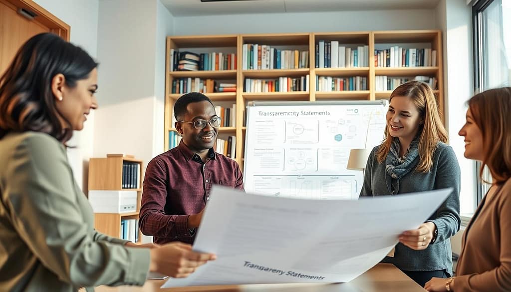 A professional academic workspace featuring diverse researchers engaged in discussions about ethical considerations in research integrity. In the foreground, a group of three individuals—one Asian woman, one Black man, and one Caucasian woman—are analyzing a large document titled "Transparency Statements" in a well-lit conference room. The middle ground showcases a whiteboard filled with notes and diagrams related to peer review ethics. In the background, a bookshelf filled with scientific literature and journals adds depth. Soft, natural lighting from a large window casts gentle shadows, creating a focused yet friendly atmosphere. The angle captures the dynamic interaction between the researchers while emphasizing professionalism and collaboration. A professional academic workspace featuring diverse researchers engaged in discussions about ethical considerations in research integrity. In the foreground, a group of three individuals—one Asian woman, one Black man, and one Caucasian woman—are analyzing a large document titled "Transparency Statements" in a well-lit conference room. The middle ground showcases a whiteboard filled with notes and diagrams related to peer review ethics. In the background, a bookshelf filled with scientific literature and journals adds depth. Soft, natural lighting from a large window casts gentle shadows, creating a focused yet friendly atmosphere. The angle captures the dynamic interaction between the researchers while emphasizing professionalism and collaboration.