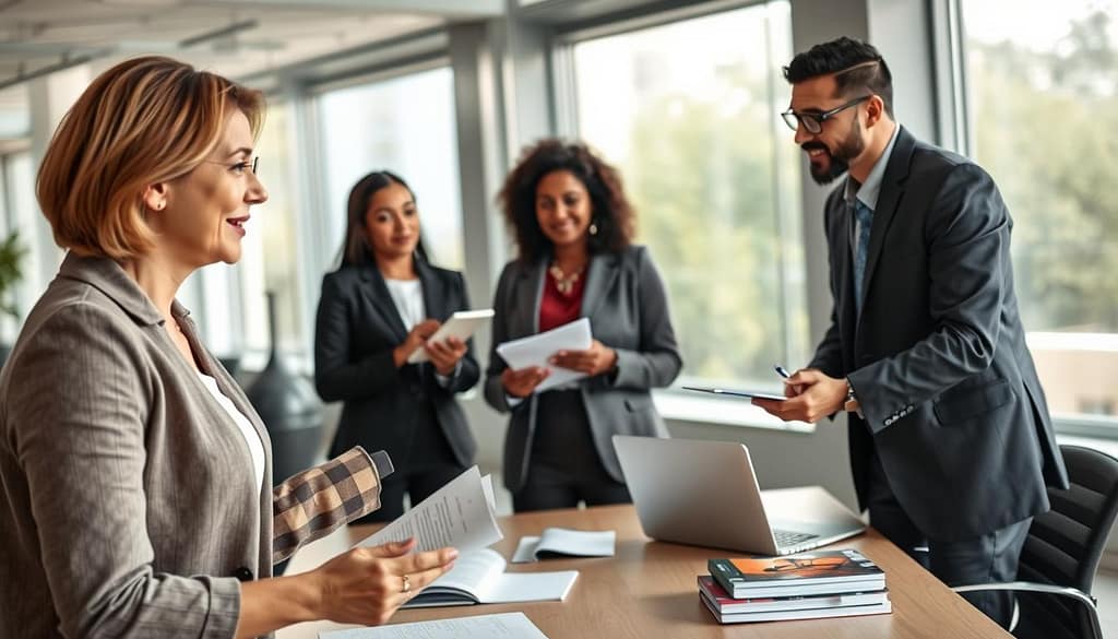 A professional business meeting scene showcasing a diverse group of three acquisitions editors and an author pitching ideas. In the foreground, the author, a middle-aged Caucasian woman in smart casual attire, enthusiastically presents a document, with gestures that convey her passion. In the middle ground, two editors, a Black woman in a professional blazer and a Hispanic man in a tailored suit, attentively listen, with notepads and pens in hand. The background features a bright and modern conference room, with large windows allowing natural light to flood in and a large table filled with literature and laptops. The mood is collaborative and supportive, reflecting professionalism and creativity as they engage in discussion. The perspective is slightly angled to capture the entirety of the scene while keeping focus on the interaction. A professional business meeting scene showcasing a diverse group of three acquisitions editors and an author pitching ideas. In the foreground, the author, a middle-aged Caucasian woman in smart casual attire, enthusiastically presents a document, with gestures that convey her passion. In the middle ground, two editors, a Black woman in a professional blazer and a Hispanic man in a tailored suit, attentively listen, with notepads and pens in hand. The background features a bright and modern conference room, with large windows allowing natural light to flood in and a large table filled with literature and laptops. The mood is collaborative and supportive, reflecting professionalism and creativity as they engage in discussion. The perspective is slightly angled to capture the entirety of the scene while keeping focus on the interaction.