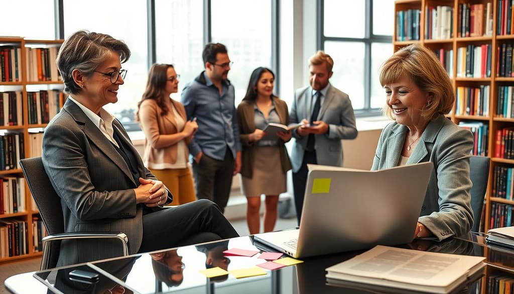A professional editor sits at a sleek desk in a modern office, surrounded by bookshelves filled with diverse genres. In the foreground, the editor, a middle-aged woman in professional business attire, reviews a proposal with a focused expression. On the desk, colorful sticky notes and a laptop display an open document titled "Cross-Disciplinary Book Project." In the middle ground, a diverse group of authors, including a young woman in glasses and a man with a notepad, engage in a lively discussion, visibly enthusiastic about their ideas. The background features large windows allowing natural light to fill the room, creating a warm, inviting atmosphere. The overall mood conveys excitement and collaboration, emphasizing the importance of pitching innovative ideas to acquisitions editors. A professional editor sits at a sleek desk in a modern office, surrounded by bookshelves filled with diverse genres. In the foreground, the editor, a middle-aged woman in professional business attire, reviews a proposal with a focused expression. On the desk, colorful sticky notes and a laptop display an open document titled "Cross-Disciplinary Book Project." In the middle ground, a diverse group of authors, including a young woman in glasses and a man with a notepad, engage in a lively discussion, visibly enthusiastic about their ideas. The background features large windows allowing natural light to fill the room, creating a warm, inviting atmosphere. The overall mood conveys excitement and collaboration, emphasizing the importance of pitching innovative ideas to acquisitions editors.