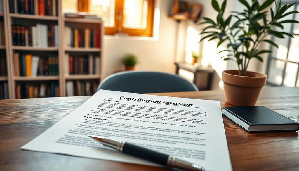 A professional editorship contributor agreement document, prominently placed on a wooden desk, showcasing organized sections and headers clearly visible but without any textual information. The document features a signature line and bullet points about deliverables, surrounded by a tasteful pen and notepad. In the background, a softly lit office space with shelves lined with interdisciplinary books and a potted plant adds richness to the setting. Natural light filters through a nearby window, casting gentle shadows to create a warm, inviting atmosphere. The overall mood is collaborative and focused, emphasizing the importance of clear agreements in professional writing. The scene is captured from a top-down angle to highlight the document prominently, with a depth of field effect to softly blur the background. A professional editorship contributor agreement document, prominently placed on a wooden desk, showcasing organized sections and headers clearly visible but without any textual information. The document features a signature line and bullet points about deliverables, surrounded by a tasteful pen and notepad. In the background, a softly lit office space with shelves lined with interdisciplinary books and a potted plant adds richness to the setting. Natural light filters through a nearby window, casting gentle shadows to create a warm, inviting atmosphere. The overall mood is collaborative and focused, emphasizing the importance of clear agreements in professional writing. The scene is captured from a top-down angle to highlight the document prominently, with a depth of field effect to softly blur the background.