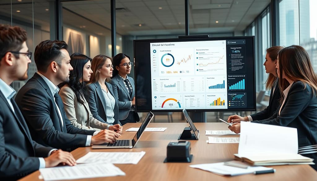 A professional, modern office setting focused on ethical data visualization. In the foreground, a diverse group of professionals in business attire analyze a large screen displaying a clear, interactive data dashboard. The visualization showcases respectful and ethical representations of clinical data, with emphasis on privacy and integrity. The middle layer includes a conference table with papers, laptops, and ethical guidelines prominently laid out. The background features a glass wall with city views and soft ambient lighting. The atmosphere conveys collaboration, respect for sensitive information, and a commitment to integrity in research. Use natural lighting to highlight the professionals' expressions of concentration and collaboration, creating an overall mood of seriousness and professionalism. A professional, modern office setting focused on ethical data visualization. In the foreground, a diverse group of professionals in business attire analyze a large screen displaying a clear, interactive data dashboard. The visualization showcases respectful and ethical representations of clinical data, with emphasis on privacy and integrity. The middle layer includes a conference table with papers, laptops, and ethical guidelines prominently laid out. The background features a glass wall with city views and soft ambient lighting. The atmosphere conveys collaboration, respect for sensitive information, and a commitment to integrity in research. Use natural lighting to highlight the professionals' expressions of concentration and collaboration, creating an overall mood of seriousness and professionalism.