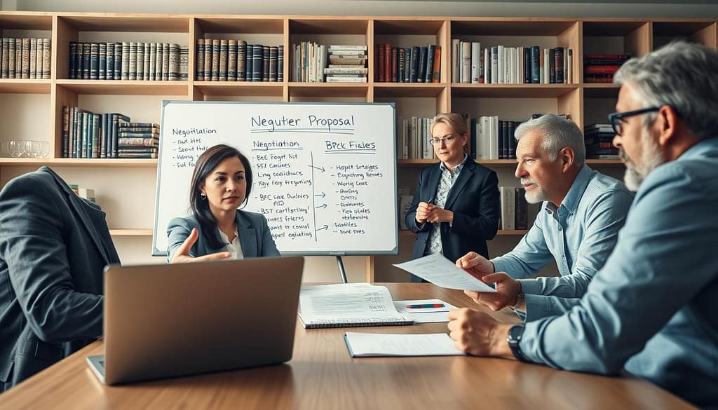 A professional negotiation setting depicting a diverse group of people engaged in a collaborative discussion around a conference table. In the foreground, a middle-aged woman in business attire is gesturing toward a detailed budget proposal displayed on a laptop. A younger man takes notes, while an older man points out key figures on a printed document. In the middle, a large whiteboard lists negotiation strategies and BPC options. The background features shelves filled with books related to interdisciplinary studies, with soft, focused lighting highlighting the discussions. The atmosphere is intense yet cooperative, emphasizing a sense of urgency and professionalism. The angle is slightly above eye level, capturing both the participants' expressions and the materials central to their negotiation. Soft, natural lighting adds warmth to the scene, symbolizing collaboration and progress. A professional negotiation setting depicting a diverse group of people engaged in a collaborative discussion around a conference table. In the foreground, a middle-aged woman in business attire is gesturing toward a detailed budget proposal displayed on a laptop. A younger man takes notes, while an older man points out key figures on a printed document. In the middle, a large whiteboard lists negotiation strategies and BPC options. The background features shelves filled with books related to interdisciplinary studies, with soft, focused lighting highlighting the discussions. The atmosphere is intense yet cooperative, emphasizing a sense of urgency and professionalism. The angle is slightly above eye level, capturing both the participants' expressions and the materials central to their negotiation. Soft, natural lighting adds warmth to the scene, symbolizing collaboration and progress.