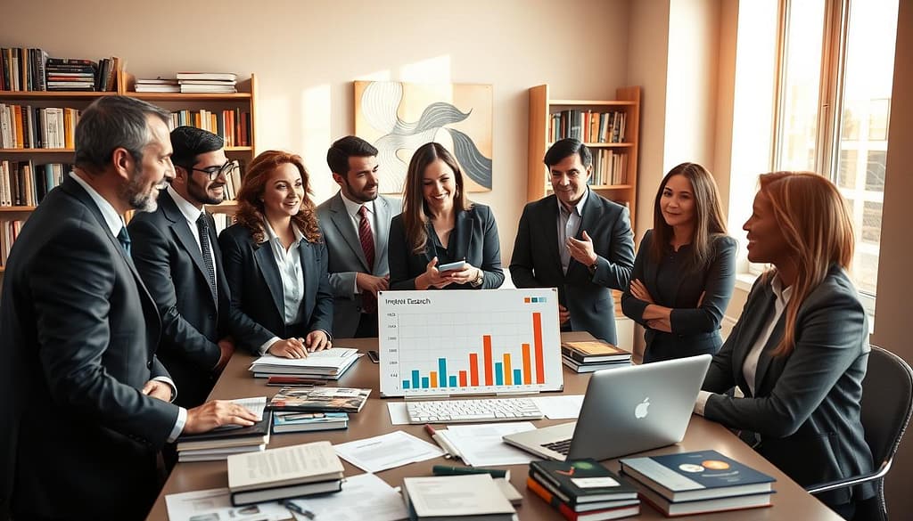 A professional research environment featuring a diverse group of scholars in business attire, engaged in a lively discussion around a large table scattered with interdisciplinary academic books and a laptop displaying charts. In the foreground, a confident woman gestures towards a visual graph that represents the impact of their research, illustrating how to effectively communicate this to tenure committees. The middle ground captures her colleagues, a mix of men and women of various ethnicities, thoughtfully listening and taking notes. The background shows a well-lit, modern academic office with bookshelves filled with books, an inspiring art piece, and a window revealing a bright, sunny day outside. The atmosphere is collaborative and focused, with warm light enhancing the sense of innovation and professional growth. A professional research environment featuring a diverse group of scholars in business attire, engaged in a lively discussion around a large table scattered with interdisciplinary academic books and a laptop displaying charts. In the foreground, a confident woman gestures towards a visual graph that represents the impact of their research, illustrating how to effectively communicate this to tenure committees. The middle ground captures her colleagues, a mix of men and women of various ethnicities, thoughtfully listening and taking notes. The background shows a well-lit, modern academic office with bookshelves filled with books, an inspiring art piece, and a window revealing a bright, sunny day outside. The atmosphere is collaborative and focused, with warm light enhancing the sense of innovation and professional growth.