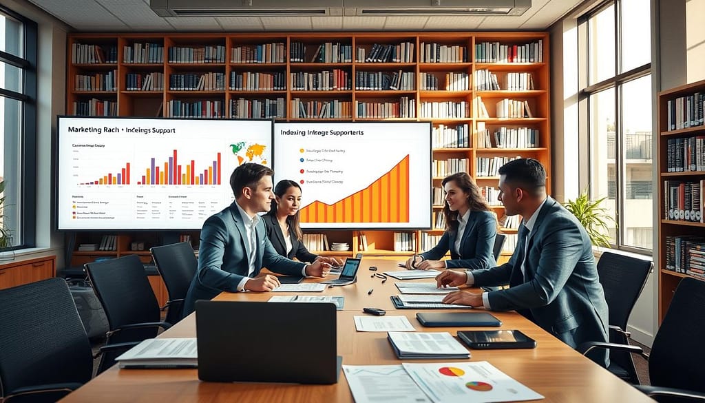 A vibrant, professional office environment focused on publishing and marketing. In the foreground, a diverse group of three professionals in smart business attire discuss strategies around a large conference table filled with charts, documents, and digital devices. In the middle ground, large screens display colorful graphs representing marketing reach and indexing support metrics. In the background, shelves filled with neatly arranged books and research materials underline the academic aspect. Natural lighting streams through large windows, creating a warm, inviting atmosphere. A wide-angle perspective captures the dynamic interaction, emphasizing collaboration and productivity, while maintaining a polished, corporate feel. A vibrant, professional office environment focused on publishing and marketing. In the foreground, a diverse group of three professionals in smart business attire discuss strategies around a large conference table filled with charts, documents, and digital devices. In the middle ground, large screens display colorful graphs representing marketing reach and indexing support metrics. In the background, shelves filled with neatly arranged books and research materials underline the academic aspect. Natural lighting streams through large windows, creating a warm, inviting atmosphere. A wide-angle perspective captures the dynamic interaction, emphasizing collaboration and productivity, while maintaining a polished, corporate feel.