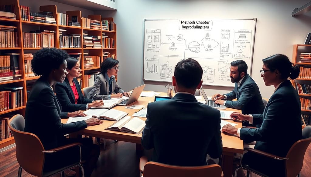 A visually engaging depiction of a “Methods Chapter Reproducibility” in a scholarly context. In the foreground, a group of diverse professionals in business attire, including a Black woman and a South Asian man, are engaged in a collaborative discussion around a large table covered with open books, laptops, and data charts. The middle ground features a whiteboard filled with flowcharts and diagrams illustrating the structure of methods chapters. In the background, shelves stacked with reference books and scientific journals create a scholarly atmosphere. The lighting is bright and inviting, emphasizing clarity and focus. A warm, intellectual mood permeates the scene, inviting viewers to appreciate the integration of methods across various fields of study. A visually engaging depiction of a “Methods Chapter Reproducibility” in a scholarly context. In the foreground, a group of diverse professionals in business attire, including a Black woman and a South Asian man, are engaged in a collaborative discussion around a large table covered with open books, laptops, and data charts. The middle ground features a whiteboard filled with flowcharts and diagrams illustrating the structure of methods chapters. In the background, shelves stacked with reference books and scientific journals create a scholarly atmosphere. The lighting is bright and inviting, emphasizing clarity and focus. A warm, intellectual mood permeates the scene, inviting viewers to appreciate the integration of methods across various fields of study.