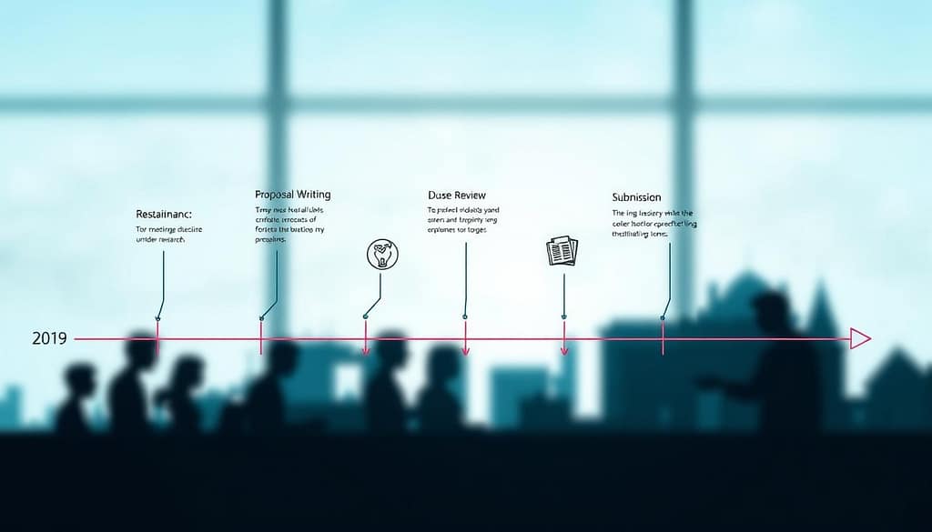 A visually engaging timeline illustrating the competitive grant proposal process, designed for an academic audience. In the foreground, a series of meticulously drawn arrows and milestones featuring icons for key stages such as 'Research', 'Proposal Writing', 'Review', and 'Submission'. The middle layer should include an abstract, lightly textured background with soft gradients in blues and greens, suggesting a scholarly atmosphere. In the background, faint silhouettes of academic buildings or research labs, hinting at a university setting. The lighting is bright and inviting, with an emphasis on clarity and readability. The overall mood is focused and professional, encouraging a sense of organization and progress in crafting a grant proposal. No text or identifying features are present. A visually engaging timeline illustrating the competitive grant proposal process, designed for an academic audience. In the foreground, a series of meticulously drawn arrows and milestones featuring icons for key stages such as 'Research', 'Proposal Writing', 'Review', and 'Submission'. The middle layer should include an abstract, lightly textured background with soft gradients in blues and greens, suggesting a scholarly atmosphere. In the background, faint silhouettes of academic buildings or research labs, hinting at a university setting. The lighting is bright and inviting, with an emphasis on clarity and readability. The overall mood is focused and professional, encouraging a sense of organization and progress in crafting a grant proposal. No text or identifying features are present.