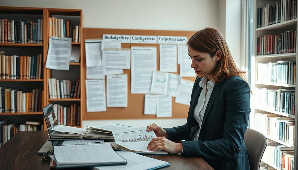 A well-organized workspace focused on "book processing charges budget planning." In the foreground, a professional individual in business casual attire analyzes a detailed budget spreadsheet on a laptop, surrounded by open notebooks and charts. The middle layer features a bulletin board with pinned articles and guidelines about funding and grants, highlighting interdisciplinary projects. The background showcases bookshelves filled with academic journals and resource materials. Soft, natural lighting filters through a window, casting a warm glow over the scene, creating a focused and productive atmosphere. The composition captures the essence of scholarly budgeting, emphasizing clarity, collaboration, and resource management, without any text or distractions. A well-organized workspace focused on "book processing charges budget planning." In the foreground, a professional individual in business casual attire analyzes a detailed budget spreadsheet on a laptop, surrounded by open notebooks and charts. The middle layer features a bulletin board with pinned articles and guidelines about funding and grants, highlighting interdisciplinary projects. The background showcases bookshelves filled with academic journals and resource materials. Soft, natural lighting filters through a window, casting a warm glow over the scene, creating a focused and productive atmosphere. The composition captures the essence of scholarly budgeting, emphasizing clarity, collaboration, and resource management, without any text or distractions.