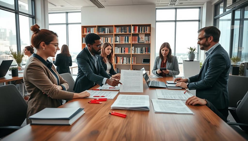 A brightly lit modern office space with large windows, showcasing a professional atmosphere dedicated to academic publishing. In the foreground, a group of diverse professionals, dressed in business casual attire, are gathered around a large wooden table filled with printed typeset proofs and red pens for editing. One individual is pointing out corrections on a proof, while others are engaged in discussion, examining the details with focused expressions. In the middle ground, shelves lined with books and publication materials create a scholarly backdrop, emphasizing the production process. The background features a bright, inviting sky outside, suggesting progress and possibility. Use soft natural lighting to enhance the collaborative mood, with a wide-angle lens perspective to capture the essence of teamwork in academic publishing. A brightly lit modern office space with large windows, showcasing a professional atmosphere dedicated to academic publishing. In the foreground, a group of diverse professionals, dressed in business casual attire, are gathered around a large wooden table filled with printed typeset proofs and red pens for editing. One individual is pointing out corrections on a proof, while others are engaged in discussion, examining the details with focused expressions. In the middle ground, shelves lined with books and publication materials create a scholarly backdrop, emphasizing the production process. The background features a bright, inviting sky outside, suggesting progress and possibility. Use soft natural lighting to enhance the collaborative mood, with a wide-angle lens perspective to capture the essence of teamwork in academic publishing.