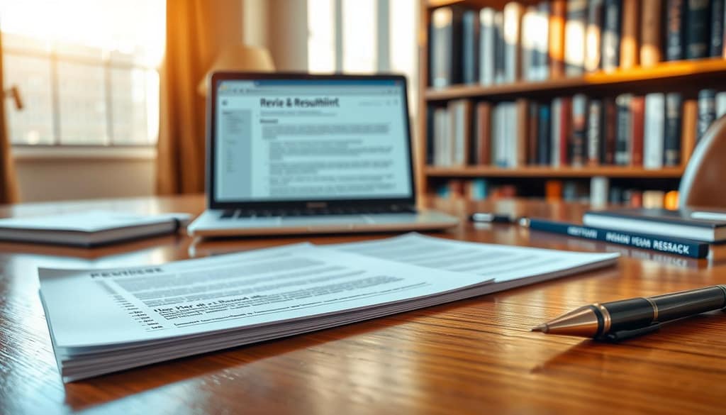 A detailed and professional workspace scene featuring a "revise and resubmit response memo" on a polished wooden desk. In the foreground, a close-up of the memo, with neatly aligned bullet points and a pen beside it, conveying organization and clarity. The middle layer includes an open laptop displaying a peer review document, emphasizing the connection between the memo and digital research. The background shows a bookshelf filled with academic books, softly blurred to keep focus on the memo. Warm, natural light streams through a nearby window, casting gentle shadows and creating an inviting atmosphere. The overall mood is focused and productive, ideal for crafting thoughtful responses to feedback. A detailed and professional workspace scene featuring a "revise and resubmit response memo" on a polished wooden desk. In the foreground, a close-up of the memo, with neatly aligned bullet points and a pen beside it, conveying organization and clarity. The middle layer includes an open laptop displaying a peer review document, emphasizing the connection between the memo and digital research. The background shows a bookshelf filled with academic books, softly blurred to keep focus on the memo. Warm, natural light streams through a nearby window, casting gentle shadows and creating an inviting atmosphere. The overall mood is focused and productive, ideal for crafting thoughtful responses to feedback.