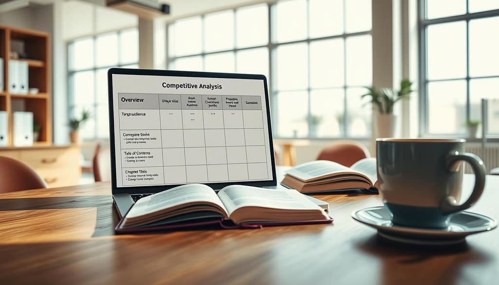 A detailed and visually compelling competitive analysis table for an academic book proposal, set in a bright, modern office environment. In the foreground, an elegant wooden desk features a sleek laptop displaying the analysis table, which includes sections for overview, unique value, target audience, comparable books, table of contents, and chapter synopses. The middle ground highlights an open notebook and a cup of coffee, suggesting a productive brainstorming session. In the background, large windows allow natural light to illuminate the room, promoting a focused yet inviting atmosphere. The composition should convey professionalism and creativity, capturing the essence of academic publishing. Use a wide-angle lens to emphasize the workspace, and ensure the lighting is warm, creating an inspiring mood without any text or distractions. A detailed and visually compelling competitive analysis table for an academic book proposal, set in a bright, modern office environment. In the foreground, an elegant wooden desk features a sleek laptop displaying the analysis table, which includes sections for overview, unique value, target audience, comparable books, table of contents, and chapter synopses. The middle ground highlights an open notebook and a cup of coffee, suggesting a productive brainstorming session. In the background, large windows allow natural light to illuminate the room, promoting a focused yet inviting atmosphere. The composition should convey professionalism and creativity, capturing the essence of academic publishing. Use a wide-angle lens to emphasize the workspace, and ensure the lighting is warm, creating an inspiring mood without any text or distractions.