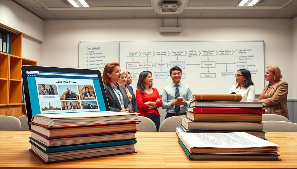 A detailed illustration of the course adoption process for academic books, set in a well-lit, modern classroom environment. In the foreground, a stack of academic books is displayed prominently alongside a laptop open to teaching slides. Beside it, a set of ancillary files is organized neatly. In the middle ground, a diverse group of educators, dressed in professional attire, engage in discussions while reviewing the materials. The atmosphere is focused and collaborative, with bright overhead lighting highlighting the scene. In the background, a whiteboard displays a flowchart representing the adoption process, creating an informative and engaging setting. The perspective is slightly elevated, capturing both the educators’ expressions and the materials, conveying a sense of purpose and academic enthusiasm. A detailed illustration of the course adoption process for academic books, set in a well-lit, modern classroom environment. In the foreground, a stack of academic books is displayed prominently alongside a laptop open to teaching slides. Beside it, a set of ancillary files is organized neatly. In the middle ground, a diverse group of educators, dressed in professional attire, engage in discussions while reviewing the materials. The atmosphere is focused and collaborative, with bright overhead lighting highlighting the scene. In the background, a whiteboard displays a flowchart representing the adoption process, creating an informative and engaging setting. The perspective is slightly elevated, capturing both the educators’ expressions and the materials, conveying a sense of purpose and academic enthusiasm.