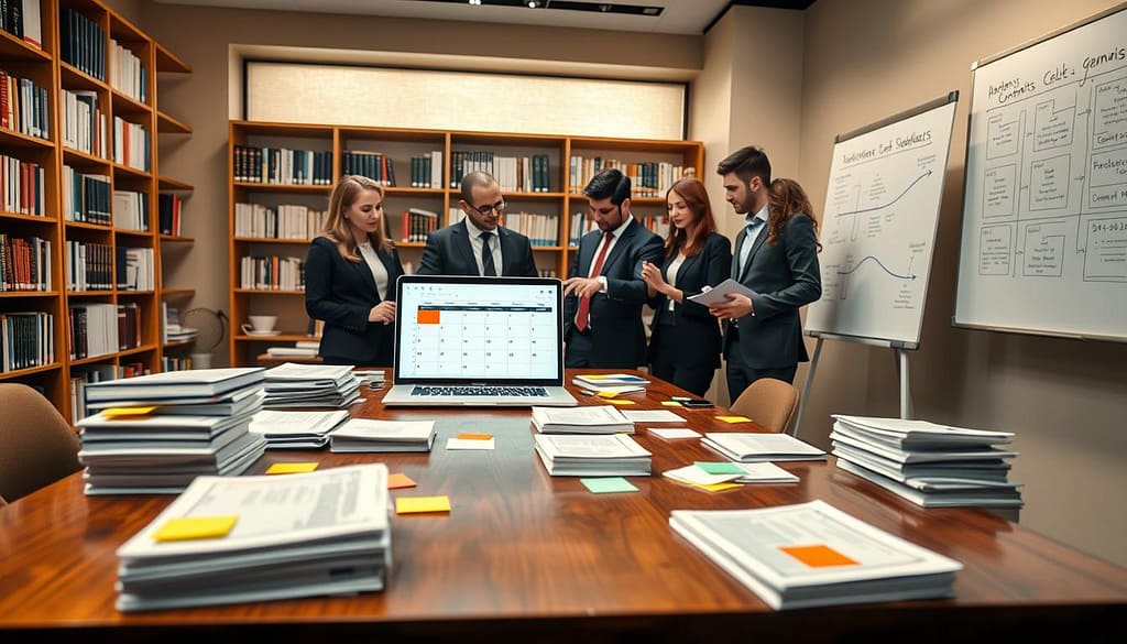 A modern office environment with a polished wooden table in the foreground, cluttered with stacks of academic manuscripts and colorful sticky notes. In the middle, a diverse group of professionals in smart business attire collaborate, reviewing documents and discussing timelines. One person points at a laptop displaying a digital calendar, illustrating a delivery schedule. The background features bookshelves filled with scholarly texts, a large window letting in soft natural light that creates a warm atmosphere, and a whiteboard with diagrams and timelines sketched out. The scene conveys a sense of urgency and teamwork, focusing on the meticulous nature of academic publishing contracts and manuscript delivery processes. The camera angle is slightly high, capturing the group’s interactions and the dynamic workspace. A modern office environment with a polished wooden table in the foreground, cluttered with stacks of academic manuscripts and colorful sticky notes. In the middle, a diverse group of professionals in smart business attire collaborate, reviewing documents and discussing timelines. One person points at a laptop displaying a digital calendar, illustrating a delivery schedule. The background features bookshelves filled with scholarly texts, a large window letting in soft natural light that creates a warm atmosphere, and a whiteboard with diagrams and timelines sketched out. The scene conveys a sense of urgency and teamwork, focusing on the meticulous nature of academic publishing contracts and manuscript delivery processes. The camera angle is slightly high, capturing the group’s interactions and the dynamic workspace.