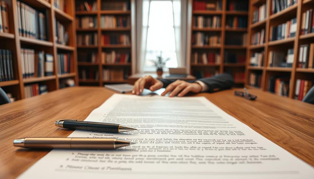 A professional business environment showcasing an open publishing contract on a sleek wooden desk. In the foreground, a pen rests beside the contract, with specific clauses highlighted. The middle ground features a pair of hands, dressed in business attire, thoughtfully examining the document. In the background, a well-lit office space with bookshelves filled with publishing-related materials creates a scholarly atmosphere. Soft, warm lighting illuminates the scene, enhancing the serious yet inviting mood. The camera angle is slightly angled down, focusing on the contract to emphasize its importance. The overall tone conveys a sense of professionalism and care in the negotiation of contractual details, particularly regarding options and non-compete clauses. A professional business environment showcasing an open publishing contract on a sleek wooden desk. In the foreground, a pen rests beside the contract, with specific clauses highlighted. The middle ground features a pair of hands, dressed in business attire, thoughtfully examining the document. In the background, a well-lit office space with bookshelves filled with publishing-related materials creates a scholarly atmosphere. Soft, warm lighting illuminates the scene, enhancing the serious yet inviting mood. The camera angle is slightly angled down, focusing on the contract to emphasize its importance. The overall tone conveys a sense of professionalism and care in the negotiation of contractual details, particularly regarding options and non-compete clauses.