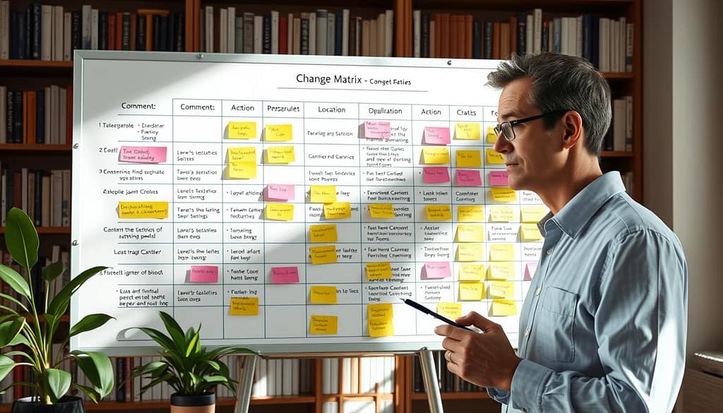 A professional workspace featuring a large, detailed change matrix displayed prominently on a sleek whiteboard. The matrix should have clear columns labeled "Comment," "Action," and "Location," filled with colorful sticky notes indicating various reviewer comments, proposed actions, and targeted sections of a manuscript. In the foreground, a well-dressed individual, a middle-aged writer with glasses, thoughtfully analyzes the matrix, holding a pen in hand. The background includes bookshelves filled with academic texts and a potted plant to add a touch of greenery. Soft, natural lighting from a nearby window bathes the scene, creating a focus on the matrix. The atmosphere is one of concentration and clarity, highlighting the process of refinement and collaboration in academic writing. A professional workspace featuring a large, detailed change matrix displayed prominently on a sleek whiteboard. The matrix should have clear columns labeled "Comment," "Action," and "Location," filled with colorful sticky notes indicating various reviewer comments, proposed actions, and targeted sections of a manuscript. In the foreground, a well-dressed individual, a middle-aged writer with glasses, thoughtfully analyzes the matrix, holding a pen in hand. The background includes bookshelves filled with academic texts and a potted plant to add a touch of greenery. Soft, natural lighting from a nearby window bathes the scene, creating a focus on the matrix. The atmosphere is one of concentration and clarity, highlighting the process of refinement and collaboration in academic writing.