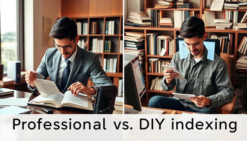 A split-screen image contrasting professional indexing versus DIY indexing. On the left, a well-dressed professional at a sleek desk, examining a detailed book index on a digital tablet, surrounded by organized notes and books. Warm, soft lighting highlights the focus and sophistication of the scene. On the right, a casual individual in modest clothing, surrounded by scattered papers and a notepad, with a computer displaying a simplistic index layout, working earnestly but appearing slightly overwhelmed. The background features a bookshelf with both well-organized and cluttered elements to emphasize the difference in styles. The atmosphere is one of diligence and creativity, capturing the essence of both indexing methods. A split-screen image contrasting professional indexing versus DIY indexing. On the left, a well-dressed professional at a sleek desk, examining a detailed book index on a digital tablet, surrounded by organized notes and books. Warm, soft lighting highlights the focus and sophistication of the scene. On the right, a casual individual in modest clothing, surrounded by scattered papers and a notepad, with a computer displaying a simplistic index layout, working earnestly but appearing slightly overwhelmed. The background features a bookshelf with both well-organized and cluttered elements to emphasize the difference in styles. The atmosphere is one of diligence and creativity, capturing the essence of both indexing methods.