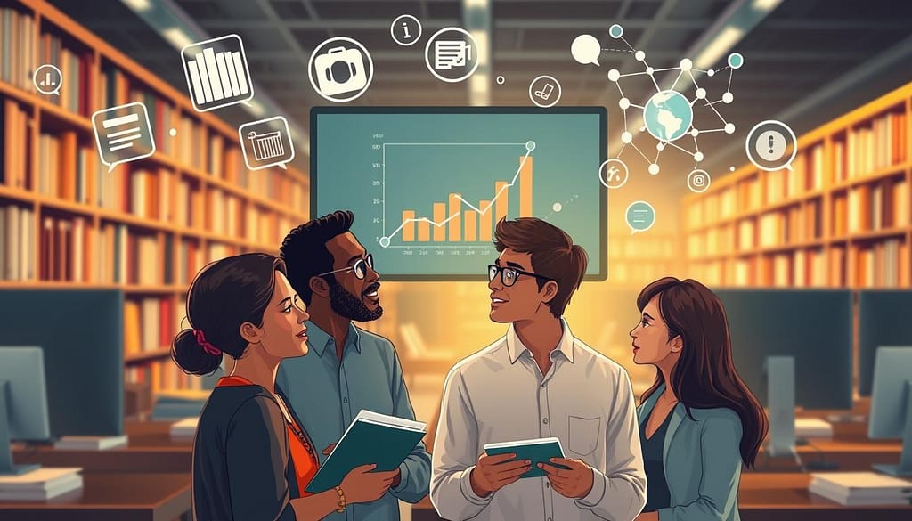 A vibrant illustration depicting the themes of academic impact and discoverability. In the foreground, a diverse group of scholars, including a Caucasian woman, an African American man, and an Asian woman, are engaged in a lively discussion, surrounded by floating icons representing citations, downloads, course usage, and media engagement. The middle ground features a digital screen displaying graphs and interconnected nodes symbolizing online visibility. In the background, a library filled with books and computers, bathed in soft, warm lighting, creates a scholarly atmosphere. The lens captures a slight depth of field to emphasize the academic discussions while blurring the library slightly, enhancing focus. The overall mood is one of collaboration and intellectual excitement, embodying the future of accessible knowledge sharing. A vibrant illustration depicting the themes of academic impact and discoverability. In the foreground, a diverse group of scholars, including a Caucasian woman, an African American man, and an Asian woman, are engaged in a lively discussion, surrounded by floating icons representing citations, downloads, course usage, and media engagement. The middle ground features a digital screen displaying graphs and interconnected nodes symbolizing online visibility. In the background, a library filled with books and computers, bathed in soft, warm lighting, creates a scholarly atmosphere. The lens captures a slight depth of field to emphasize the academic discussions while blurring the library slightly, enhancing focus. The overall mood is one of collaboration and intellectual excitement, embodying the future of accessible knowledge sharing.
