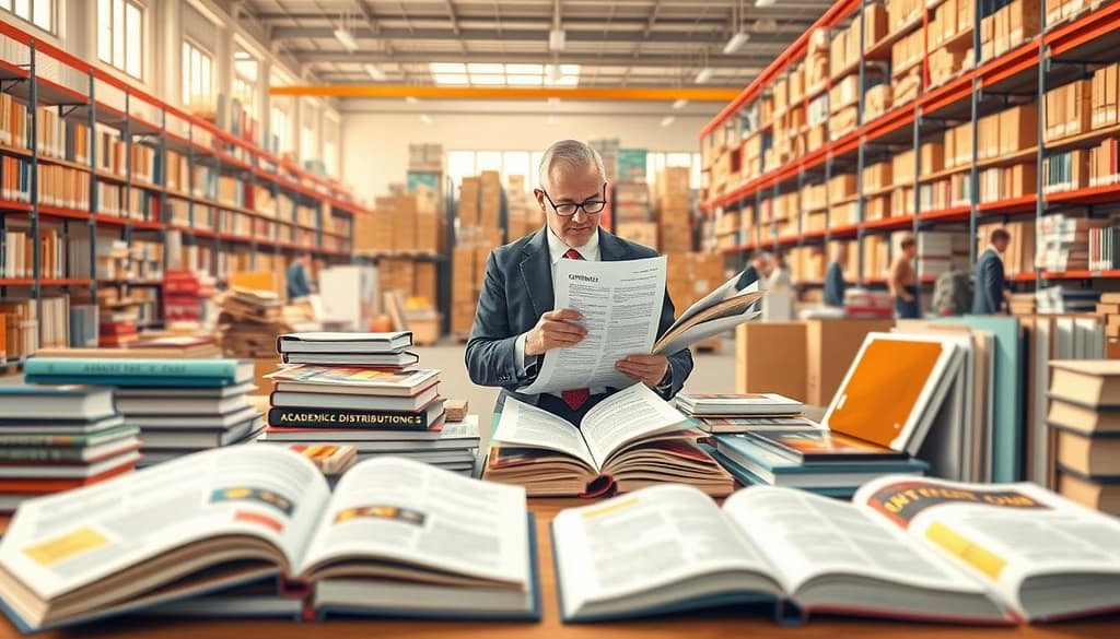 A visually engaging illustration of traditional publishing distribution. In the foreground, a table filled with open books and printed academic journals, showcasing colorful covers and graphics. The middle ground features an academic in professional business attire, reviewing a stack of contracts and financial reports, representing advances and royalties. In the background, a large distribution center, filled with shelves of books and staff members organizing print channels, conveys the sales expectations of traditional publishing. Soft, natural lighting filters in through windows, highlighting the professionalism of the scene. The overall atmosphere is one of focused productivity, emphasizing the structured nature of traditional publishing. Capture this in a realistic, detailed style, with a slight depth-of-field effect to give emphasis on the foreground elements. A visually engaging illustration of traditional publishing distribution. In the foreground, a table filled with open books and printed academic journals, showcasing colorful covers and graphics. The middle ground features an academic in professional business attire, reviewing a stack of contracts and financial reports, representing advances and royalties. In the background, a large distribution center, filled with shelves of books and staff members organizing print channels, conveys the sales expectations of traditional publishing. Soft, natural lighting filters in through windows, highlighting the professionalism of the scene. The overall atmosphere is one of focused productivity, emphasizing the structured nature of traditional publishing. Capture this in a realistic, detailed style, with a slight depth-of-field effect to give emphasis on the foreground elements.