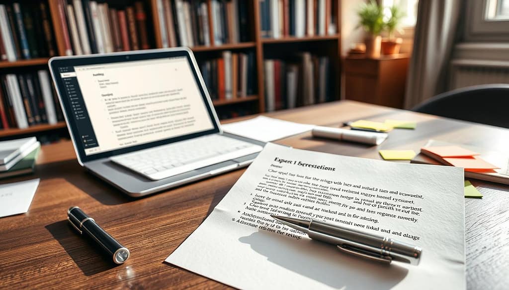 A well-organized desk with a response letter prominently displayed in the foreground, written on elegant stationery. The letter is neatly formatted, with clear citations of pages and lines marked, using headings that evoke an appreciative tone. Beside the letter, a polished pen rests on the desk, and there are colorful sticky notes with jotted ideas. In the middle ground, an open laptop shows a screen with a partially visible draft of a revision plan. The background features a bookshelf filled with academic texts, creating a scholarly atmosphere. Soft, natural light filters through a nearby window, casting gentle shadows, while a calm and focused ambiance permeates the scene, suggesting professionalism and thoughtfulness. A well-organized desk with a response letter prominently displayed in the foreground, written on elegant stationery. The letter is neatly formatted, with clear citations of pages and lines marked, using headings that evoke an appreciative tone. Beside the letter, a polished pen rests on the desk, and there are colorful sticky notes with jotted ideas. In the middle ground, an open laptop shows a screen with a partially visible draft of a revision plan. The background features a bookshelf filled with academic texts, creating a scholarly atmosphere. Soft, natural light filters through a nearby window, casting gentle shadows, while a calm and focused ambiance permeates the scene, suggesting professionalism and thoughtfulness.