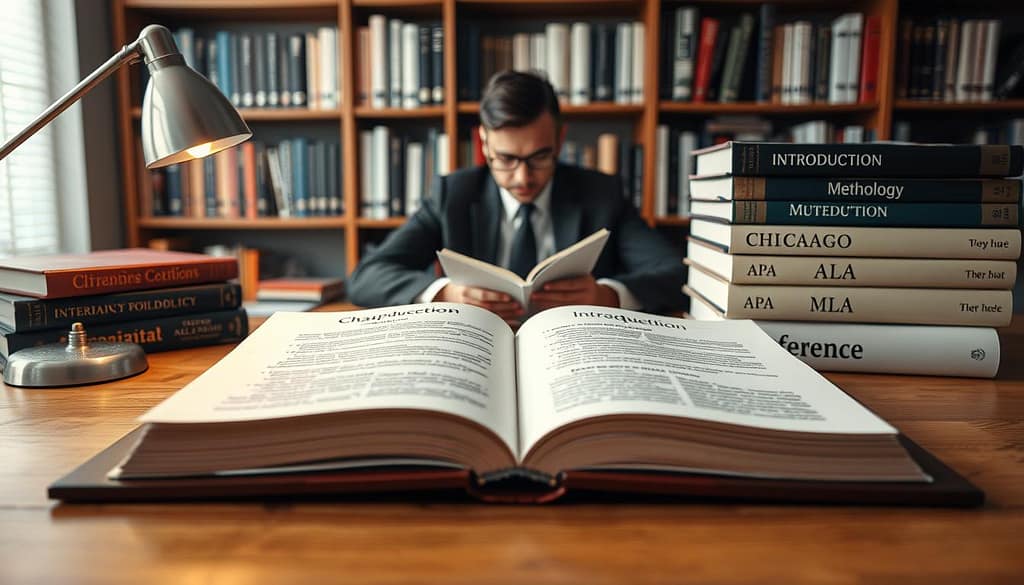 An academic manuscript setup reflecting structure and style for citations. Foreground features a neatly arranged wooden desk with an open academic manuscript, showcasing organized chapters with headers like “Introduction,” “Methodology,” and “References.” Nearby, a stack of books representing various citation styles—Chicago, APA, and MLA—each with their distinct cover designs. In the middle ground, a professional in business attire studies the manuscript, surrounded by soft lighting from a nearby desk lamp, creating a focused, scholarly atmosphere. The background includes a bookshelf filled with academic texts and journals, adding to the intellectual environment. The image captures a sense of diligence and refinement, inviting viewers into the world of academic publishing. An academic manuscript setup reflecting structure and style for citations. Foreground features a neatly arranged wooden desk with an open academic manuscript, showcasing organized chapters with headers like “Introduction,” “Methodology,” and “References.” Nearby, a stack of books representing various citation styles—Chicago, APA, and MLA—each with their distinct cover designs. In the middle ground, a professional in business attire studies the manuscript, surrounded by soft lighting from a nearby desk lamp, creating a focused, scholarly atmosphere. The background includes a bookshelf filled with academic texts and journals, adding to the intellectual environment. The image captures a sense of diligence and refinement, inviting viewers into the world of academic publishing.