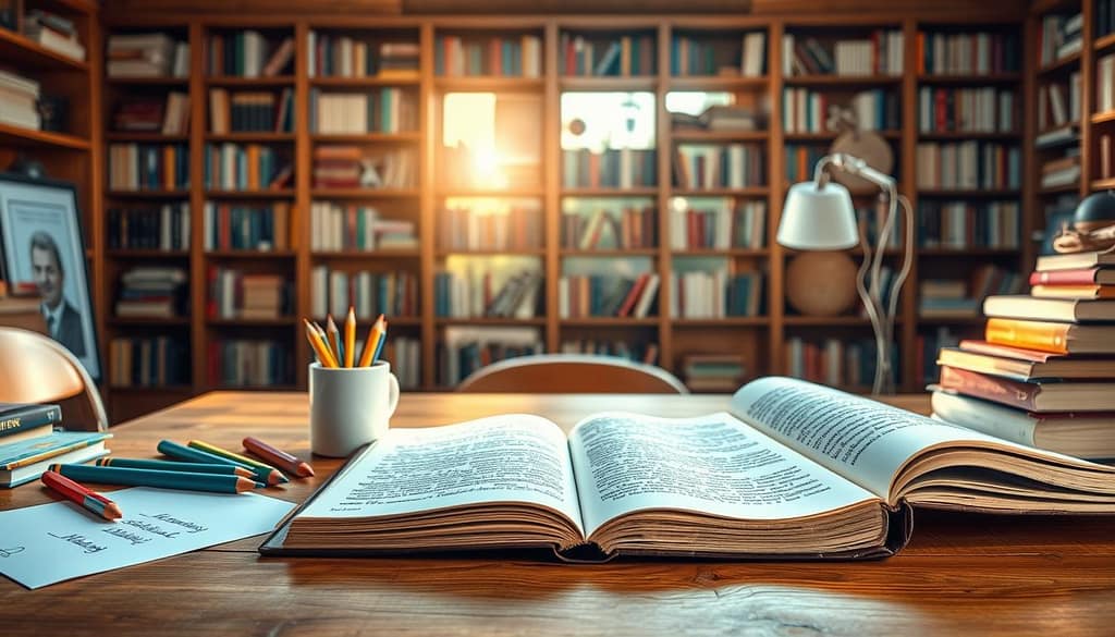 An artistic and inviting scene illustrates the process of writing a strong abstract and back-cover copy for a book. In the foreground, a stylish wooden desk features an open notebook with handwritten notes, surrounded by colorful pencils and a steaming cup of coffee. The middle layer showcases a large bookshelf filled with various books, some strategically placed to emphasize creativity and knowledge. In the background, a soft-focus window lets in warm morning sunlight, casting a gentle glow over the workspace. The atmosphere is calm and inspiring, evoking a sense of productivity and focus. The overall color palette includes warm, earthy tones with hints of blue to add depth and tranquility, inviting viewers to dive into the world of book marketing with enthusiasm. An artistic and inviting scene illustrates the process of writing a strong abstract and back-cover copy for a book. In the foreground, a stylish wooden desk features an open notebook with handwritten notes, surrounded by colorful pencils and a steaming cup of coffee. The middle layer showcases a large bookshelf filled with various books, some strategically placed to emphasize creativity and knowledge. In the background, a soft-focus window lets in warm morning sunlight, casting a gentle glow over the workspace. The atmosphere is calm and inspiring, evoking a sense of productivity and focus. The overall color palette includes warm, earthy tones with hints of blue to add depth and tranquility, inviting viewers to dive into the world of book marketing with enthusiasm.