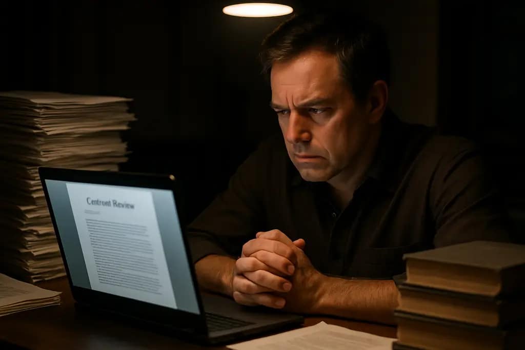 Author reviewing AI clauses in a publishing contract at a desk