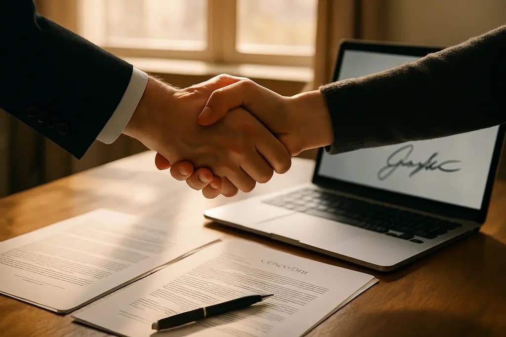 Author reviewing audio rights terms beside a marked publishing agreement