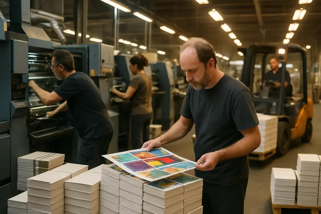 Book manufacturing trends shown through stacked books and a production schedule