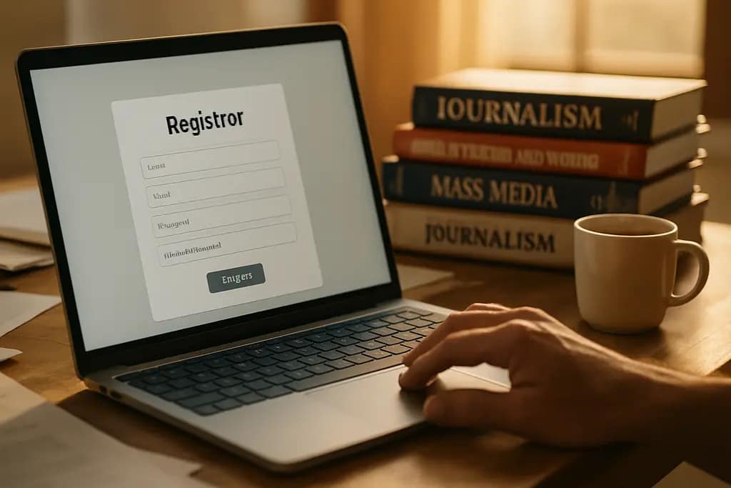 Editor reviewing news website registration records on a laptop