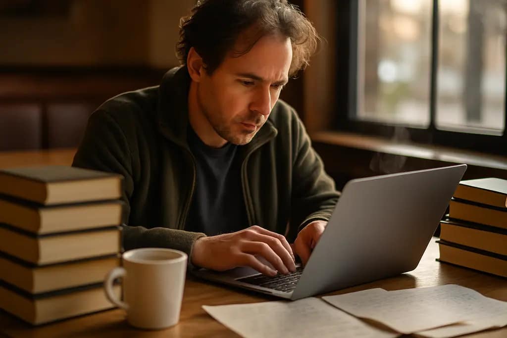 Author reviewing Publishing Deals data beside a notebook and manuscript pages