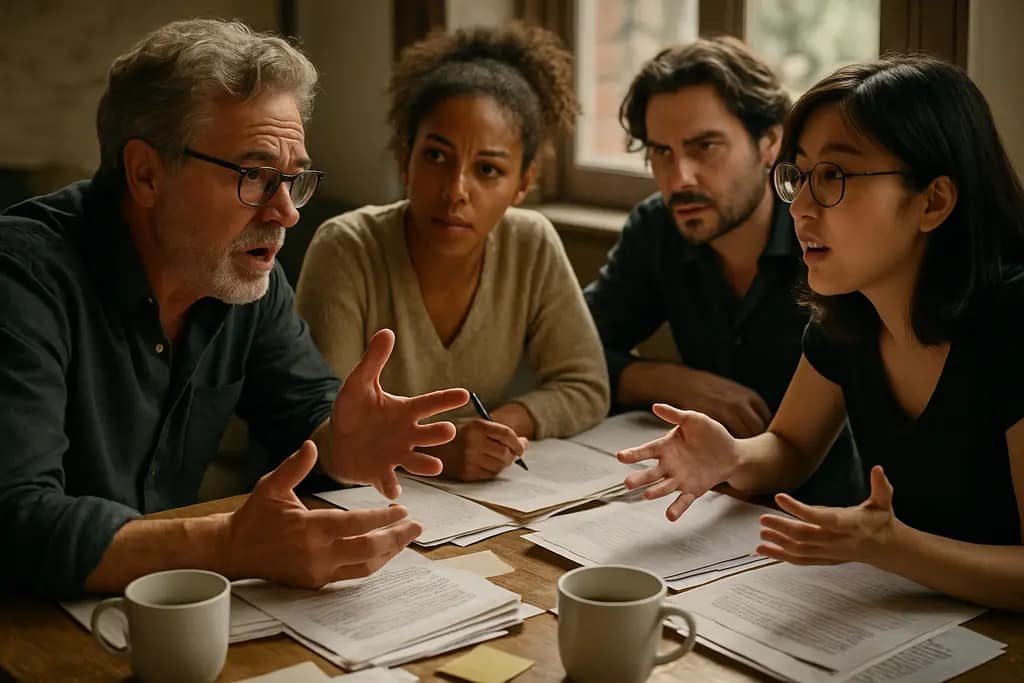 Publishing unionization discussion with books, contracts, and notes on a conference table