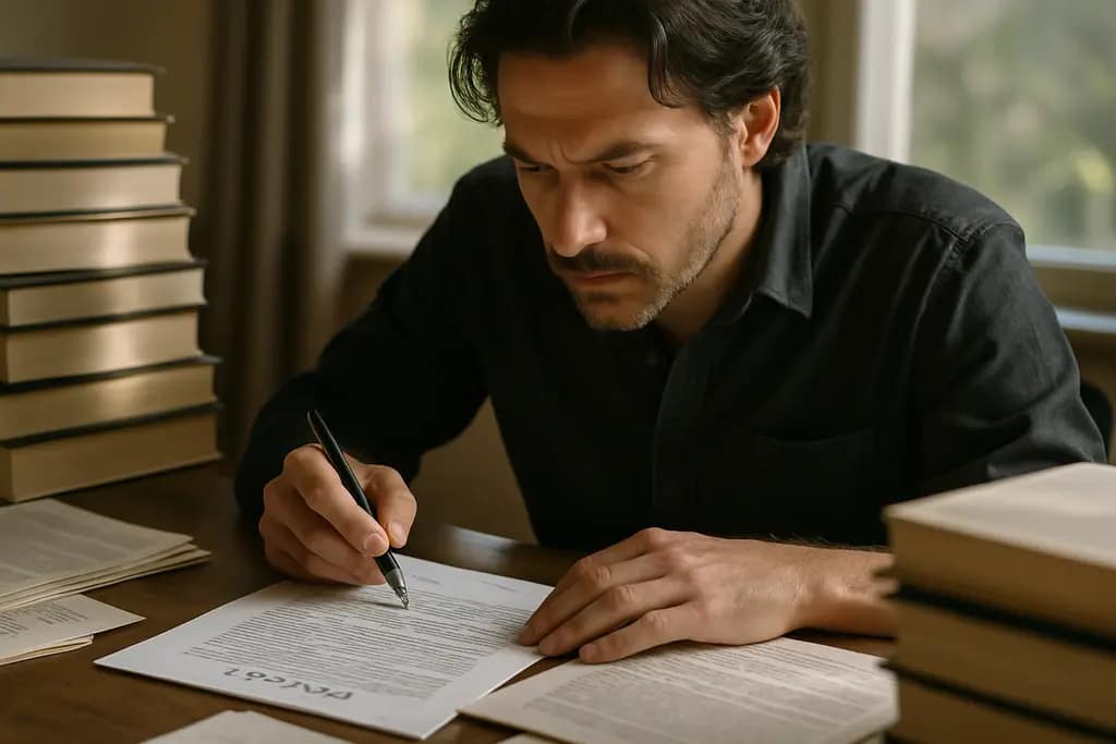 Author reviewing Reversion Clauses beside a publishing contract and marked manuscript