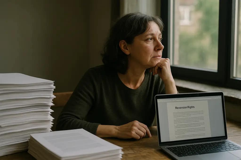 Author reviewing Reversion Rights notes beside a publishing contract and manuscript pages