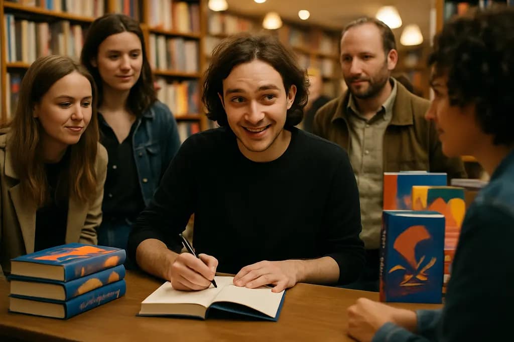 Debut Novel Launches planning board with books, calendar notes, and campaign sketches