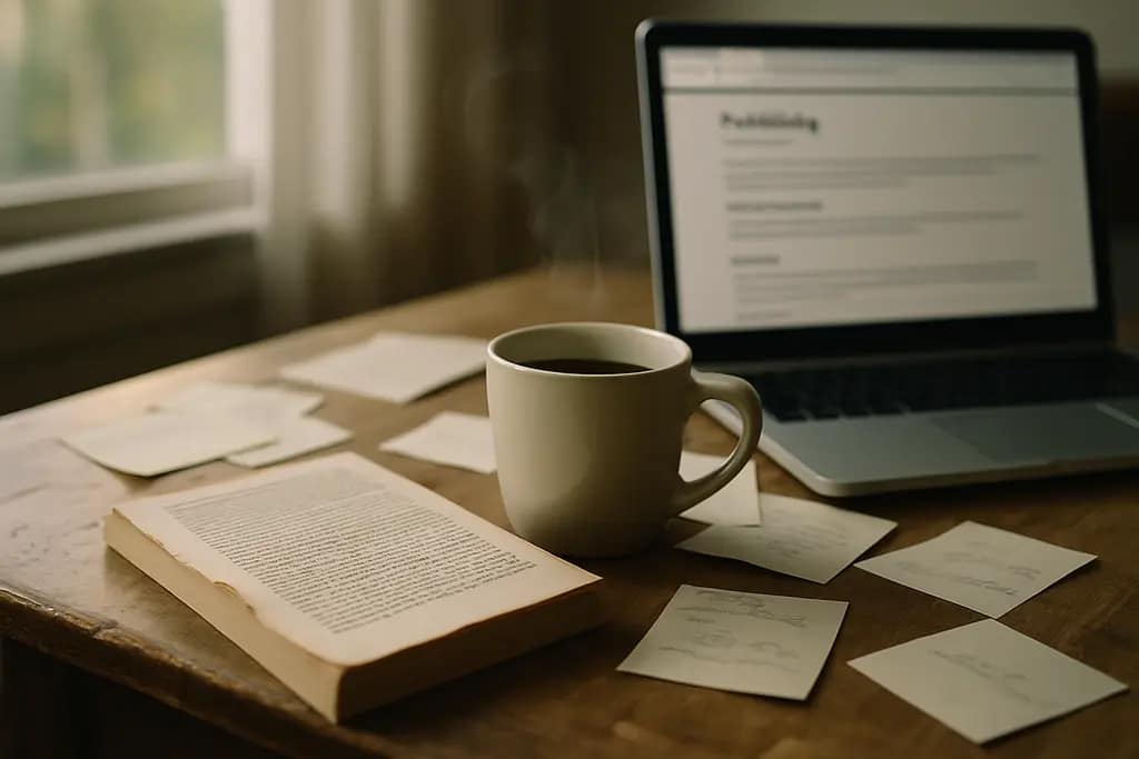 Author planning market adaptation notes beside a manuscript and publishing calendar