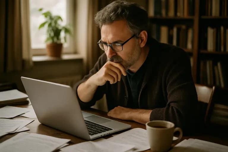 Researcher checking manuscript notes beside a laptop and printed draft
