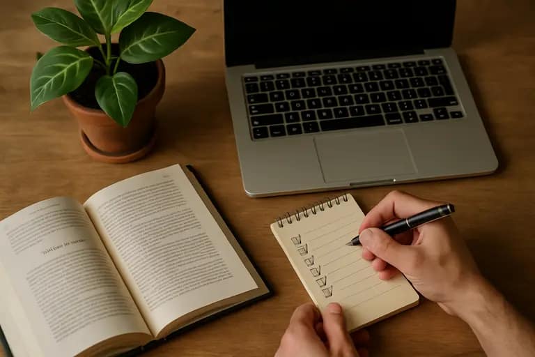 Checklist beside a laptop with book proposal sections arranged in order