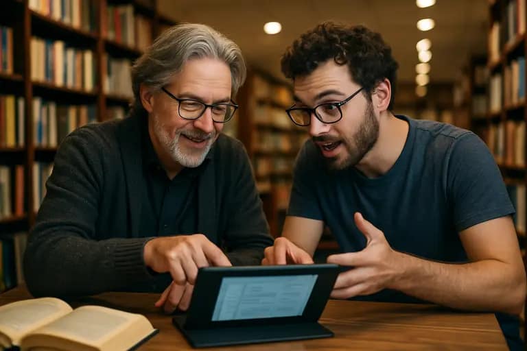 Writer, designer, and technologist comparing rights notes on a laptop